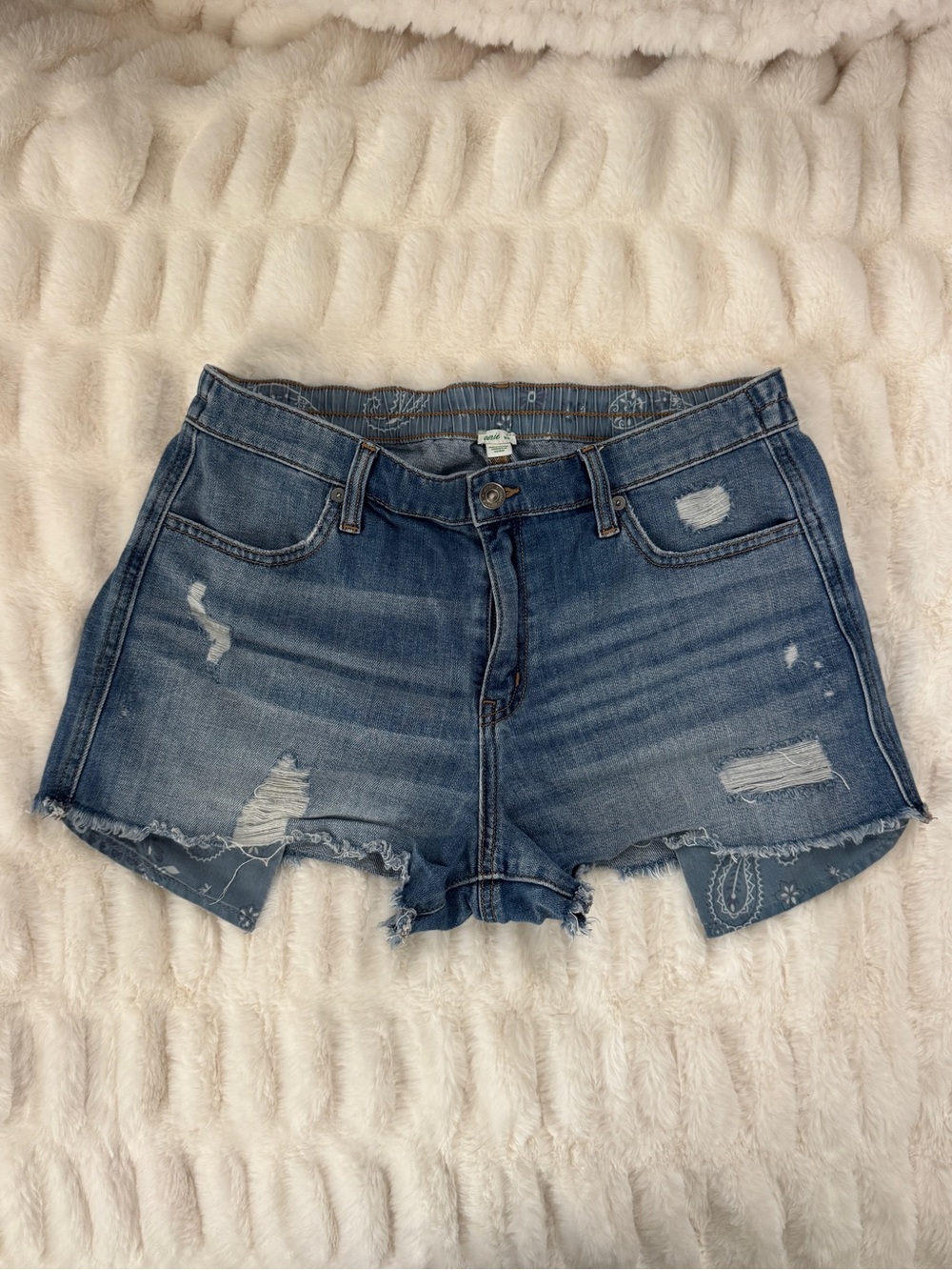 Aerie Distressed Mid-Blue Denim Shorts with Stretch Waistband